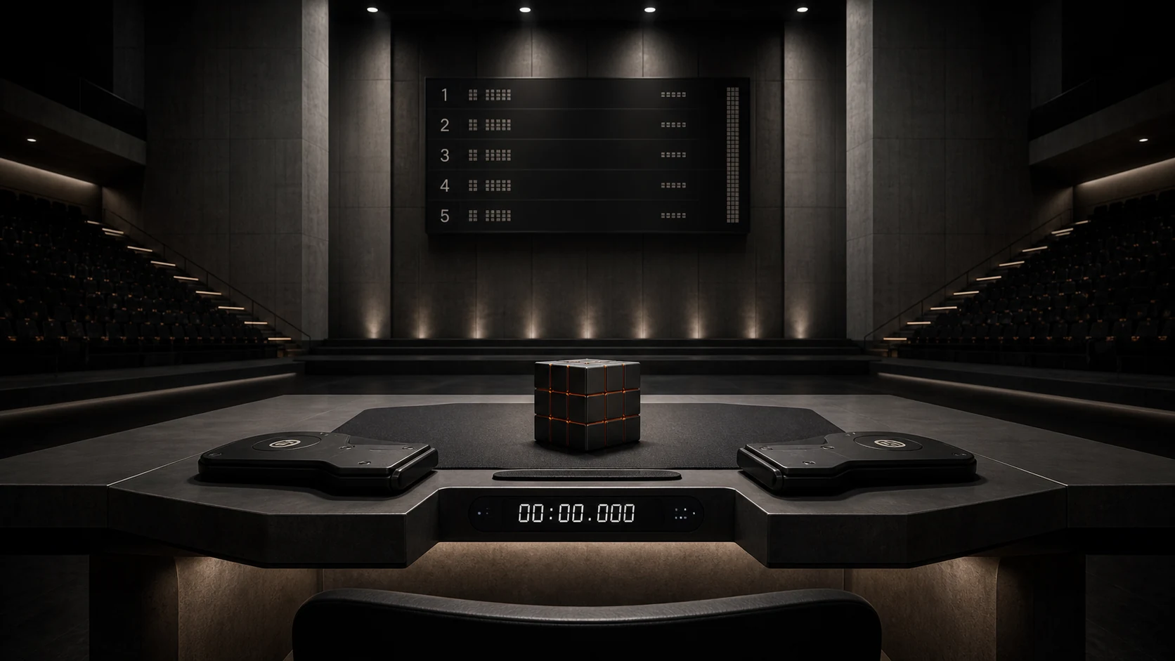 Cubrix competition hall with a speedcube, timer station, and ranking board