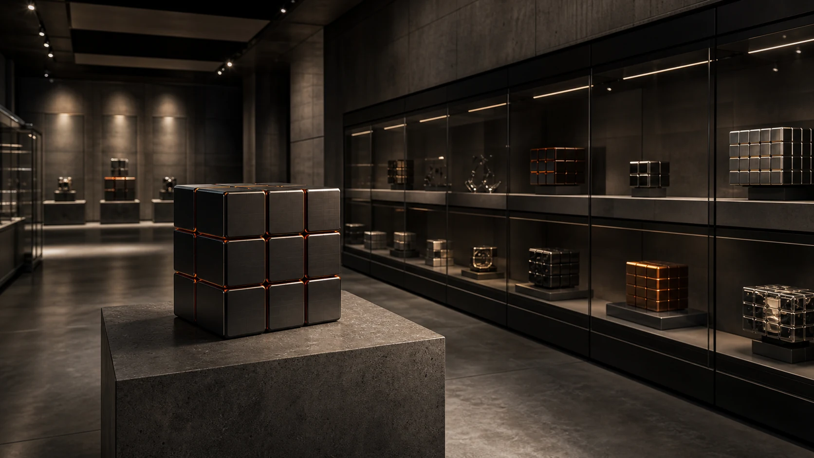 Cubrix cube vault displaying precision cubes in multiple sizes and materials